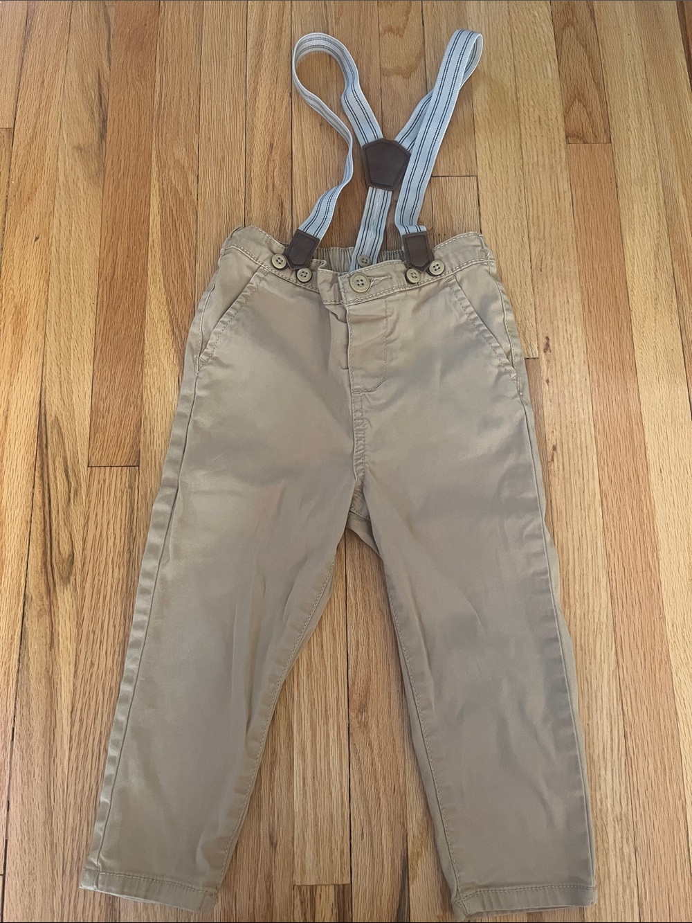 Kids Khaki Chino Pants with Blue-Striped Adjustable Suspenders